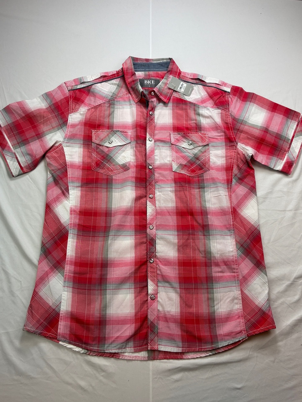BKE Athletic Fit Red and White Plaid Short-Sleeve Button-Down Shirt